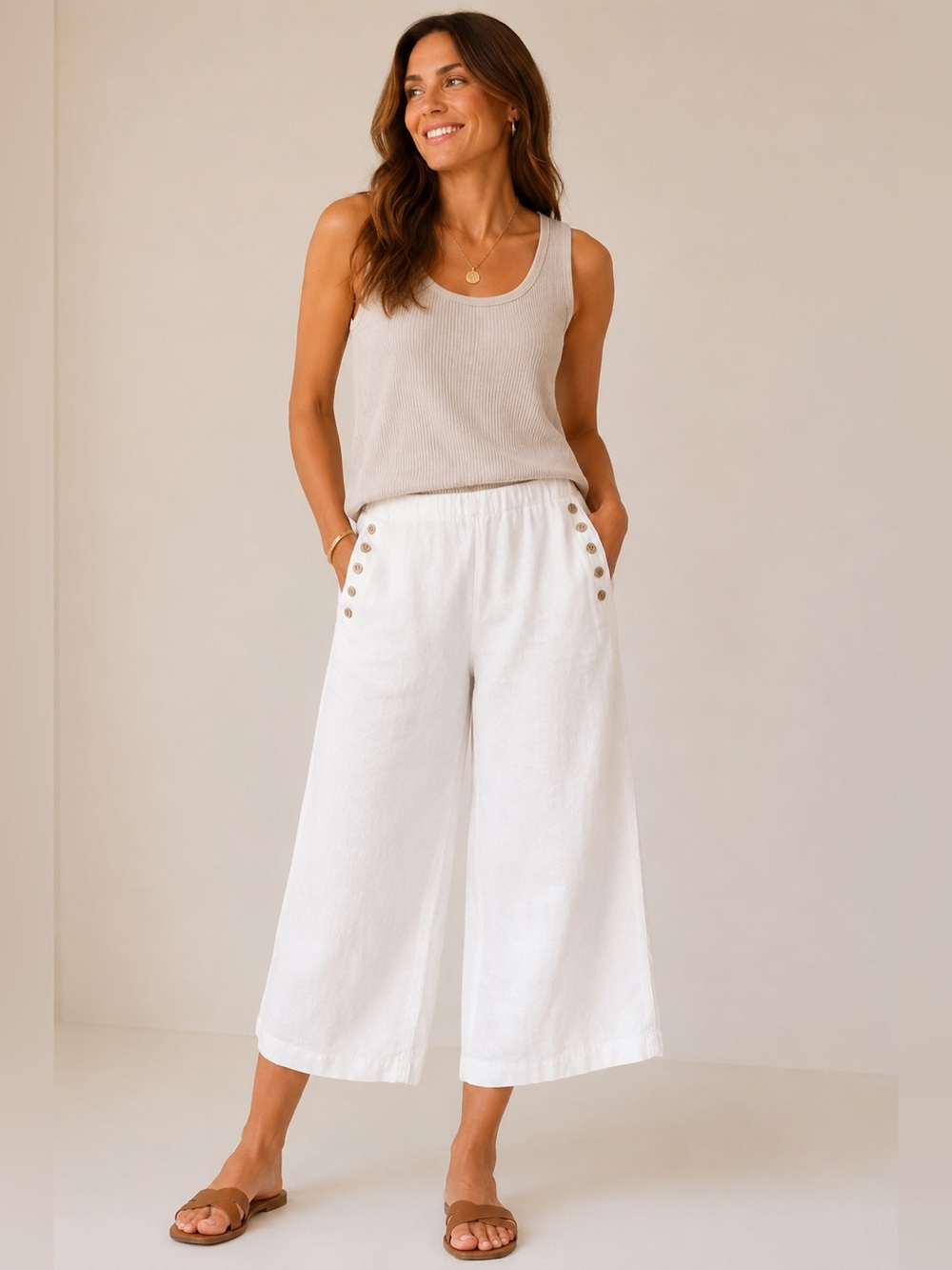 JJill Love Linen White Wide Leg Crop Pants XL | Button Detail Linen Trousers NWT